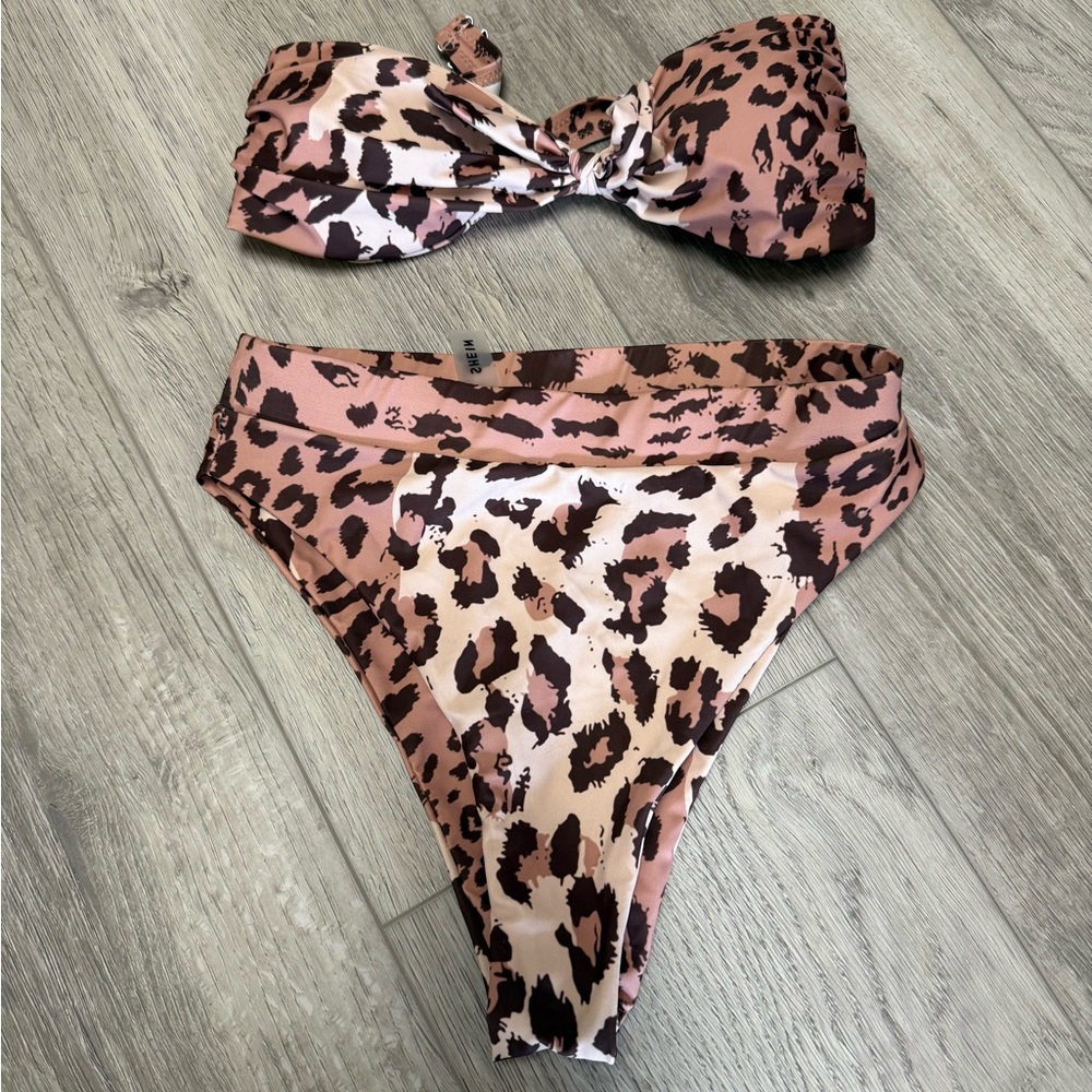 Leopard Print Bandeau Bikini Set in Blush and Brown